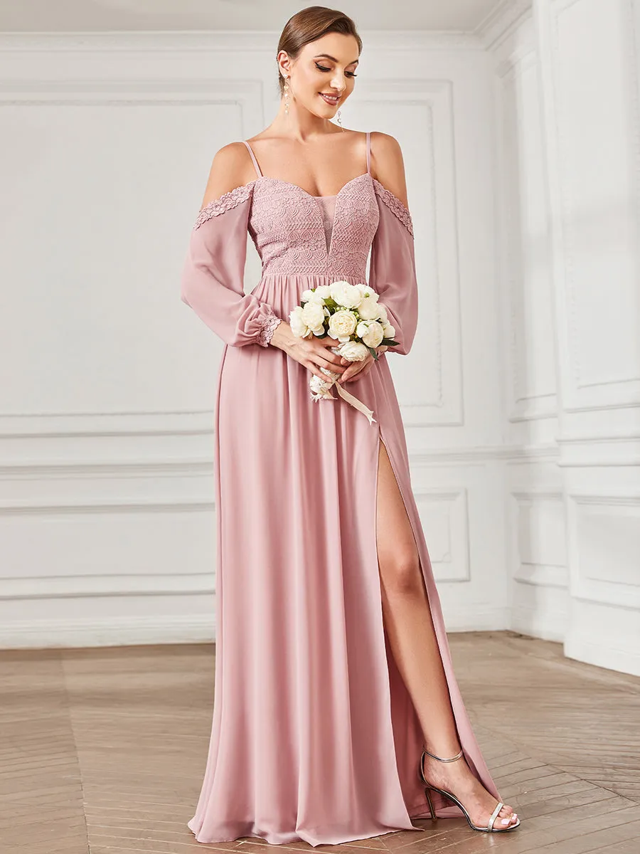 A-Line Bridesmaid Dress with Deep V-Neck and Long Sleeves