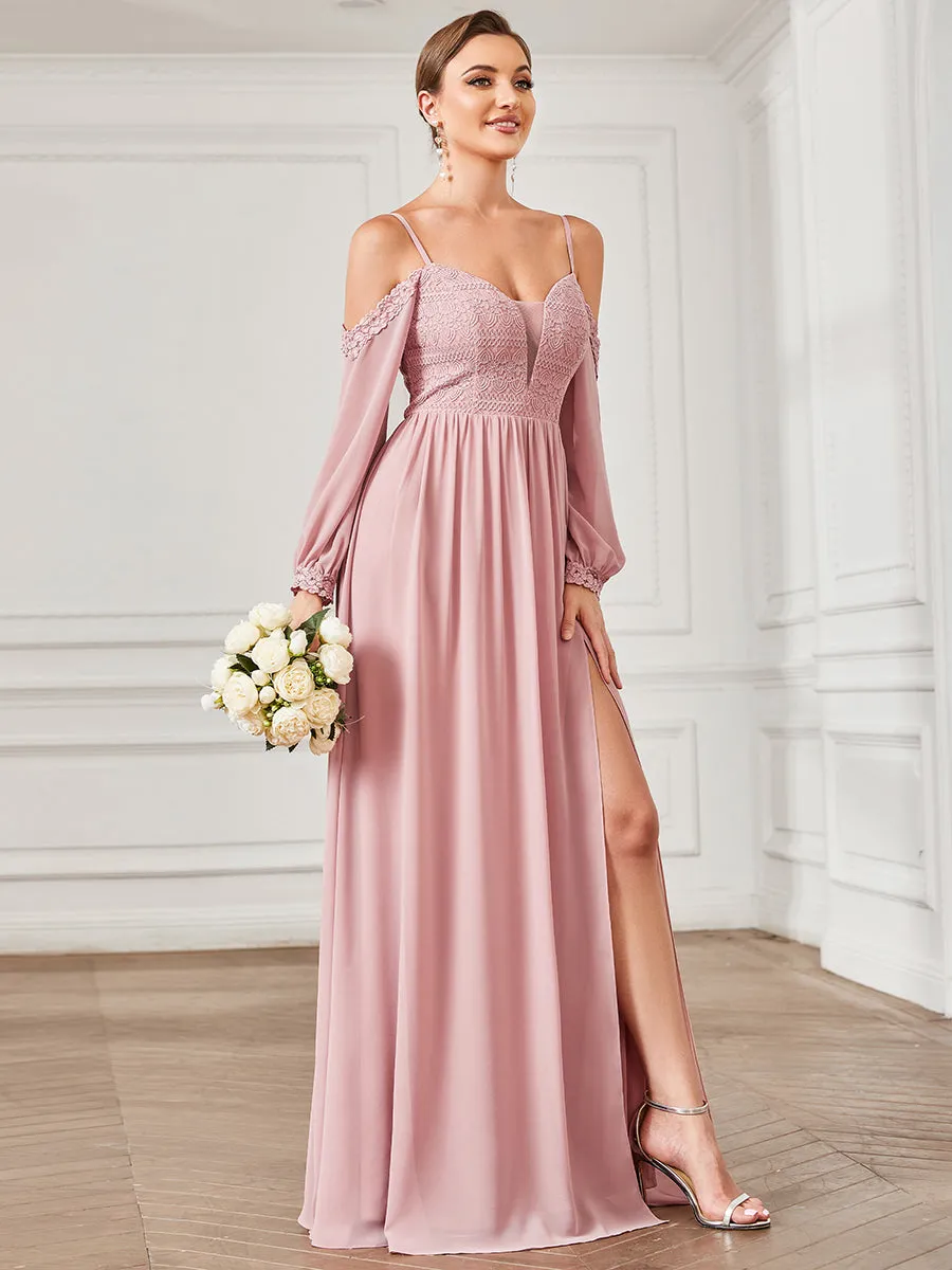 A-Line Bridesmaid Dress with Deep V-Neck and Long Sleeves