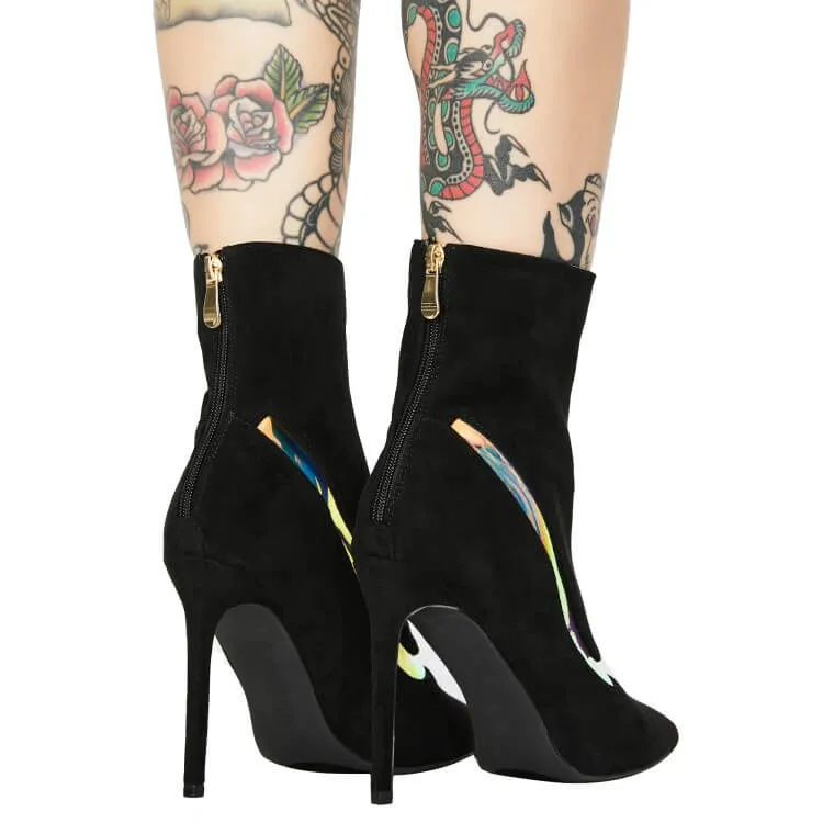 Black Suede Point Toe High Heel Stretch Boots