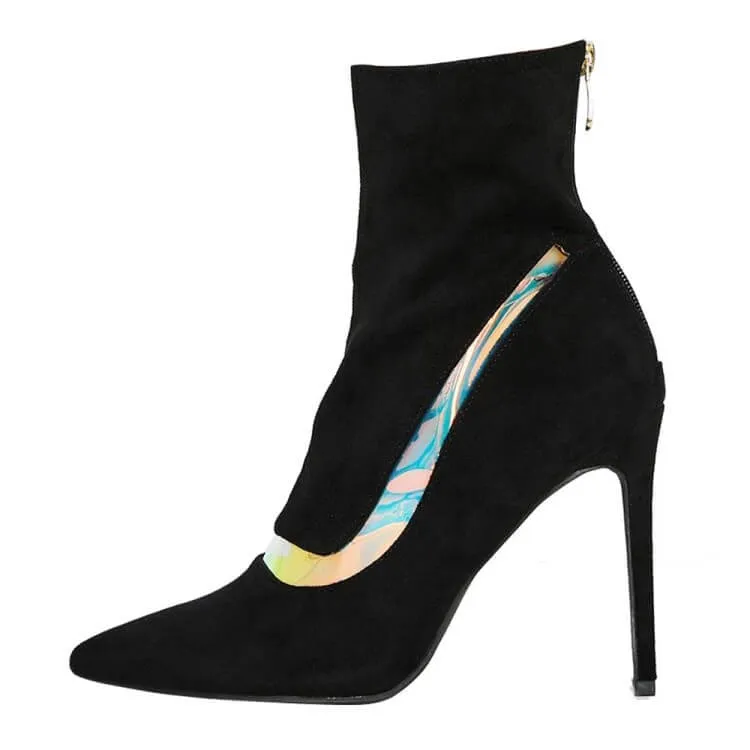 Black Suede Point Toe High Heel Stretch Boots