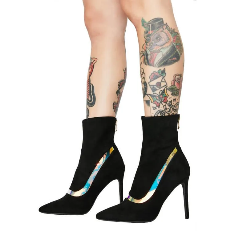Black Suede Point Toe High Heel Stretch Boots