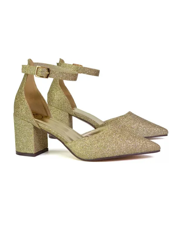 Bronte Pointed Toe Strappy Mid Block Heel Sandal Court Shoes in Gold