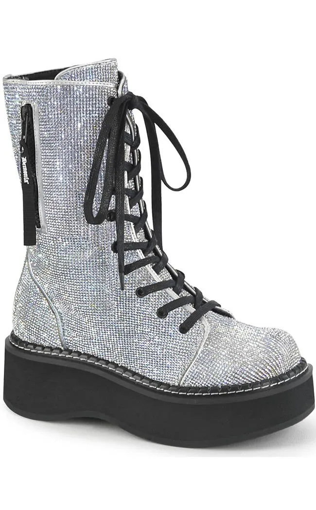 EMILY-362 Silver Rhinestone Combat Boots