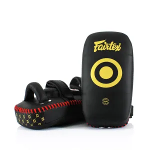 FAIRTEX LIGHT WEIGHT KPLC5 CURVED MUAY THAI BOXING MMA KICK PADS Size Free Microfiber Black Gold