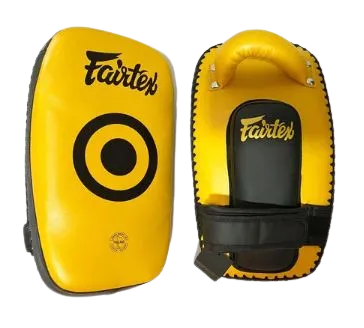 FAIRTEX LIGHT WEIGHT KPLC6 CURVED MUAY THAI BOXING MMA SMALL KICK PADS Size Free Leather Gold Black