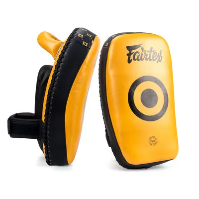 FAIRTEX LIGHT WEIGHT KPLC6 CURVED MUAY THAI BOXING MMA SMALL KICK PADS Size Free Leather Gold Black