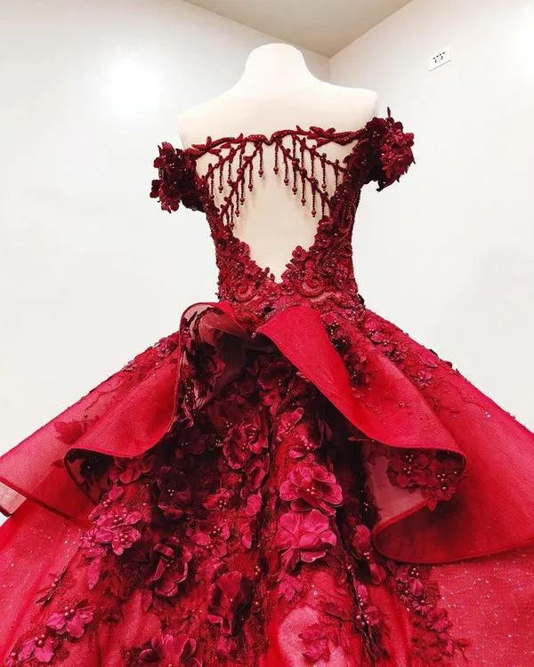 Gorgeous Red Off-the-Shoulder Beaded Ball Gown V-neck Appliques Wedding Dresses, SW268