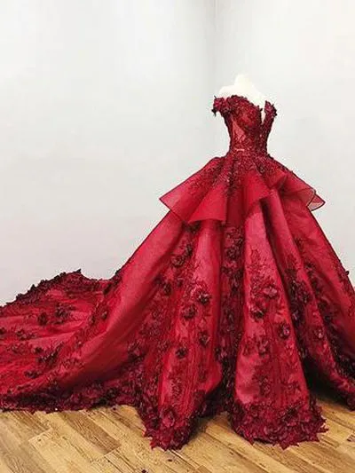 Gorgeous Red Off-the-Shoulder Beaded Ball Gown V-neck Appliques Wedding Dresses, SW268