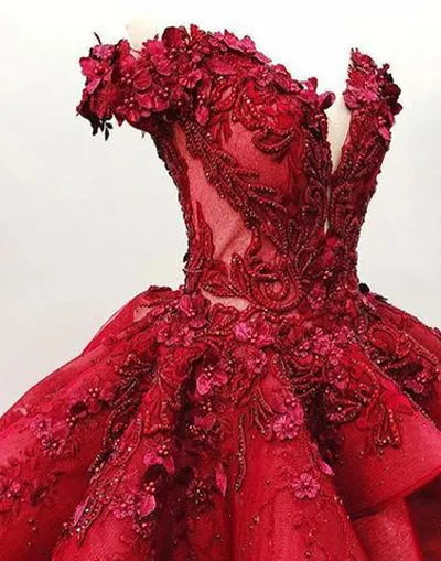 Gorgeous Red Off-the-Shoulder Beaded Ball Gown V-neck Appliques Wedding Dresses, SW268