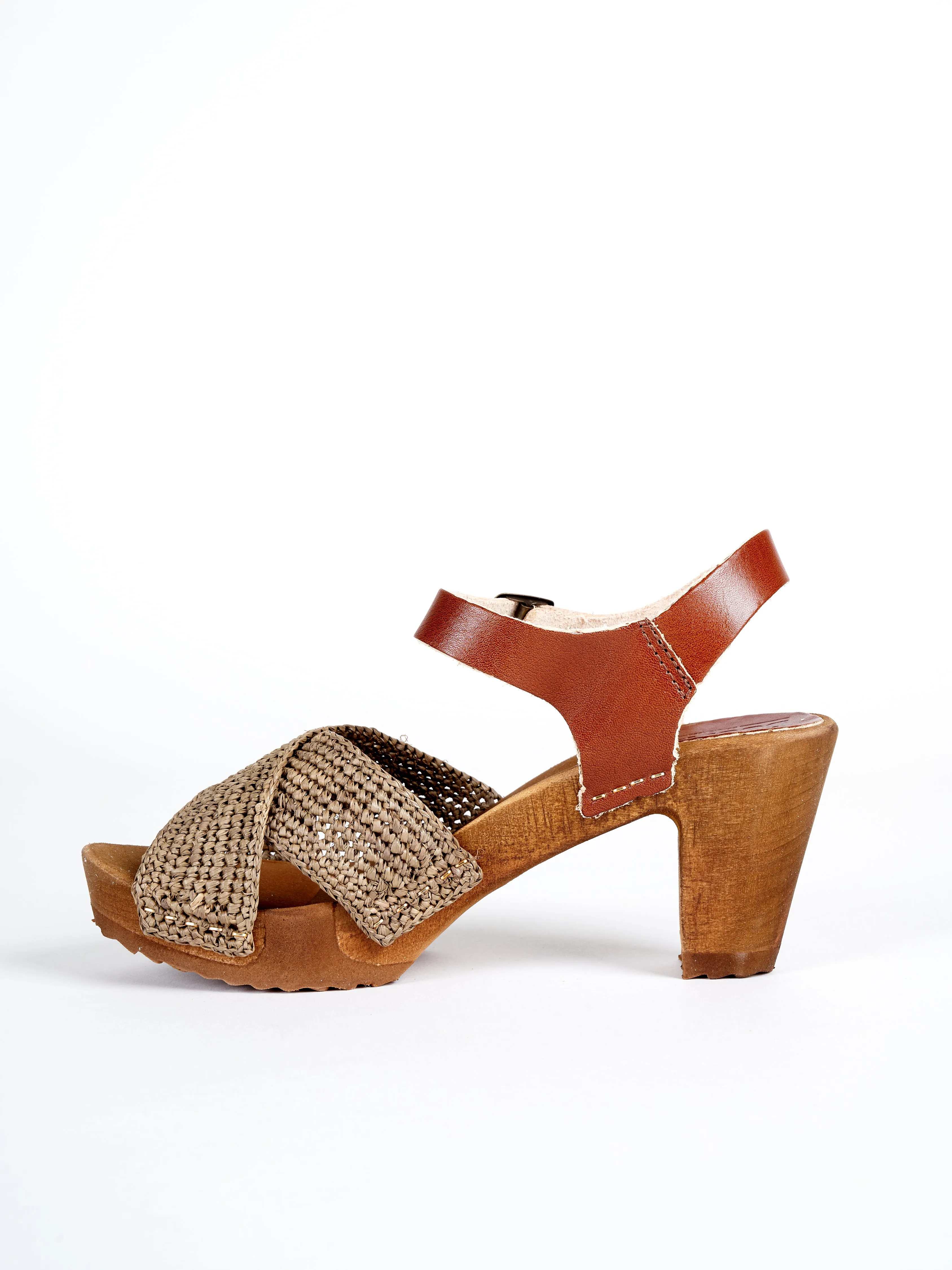 high heel clog sandal - raphia cognac