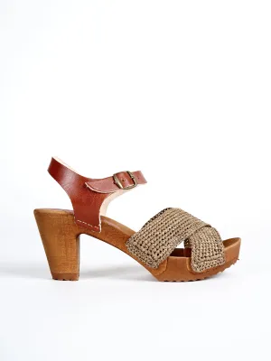 high heel clog sandal - raphia cognac
