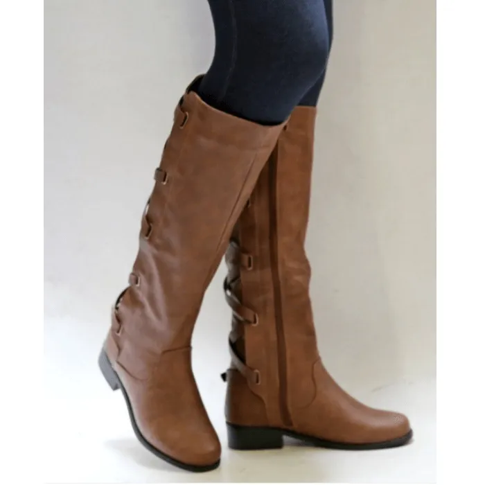 Knee High Leather Low Heel Lace Up Boots