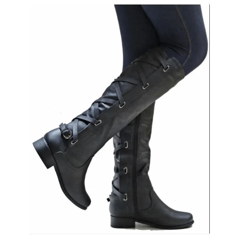 Knee High Leather Low Heel Lace Up Boots