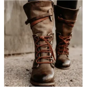 Leather Chunky Heel Mid Calf Boots
