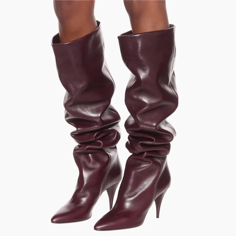 Leather Point Toe Fold High Heel Knee High Boots