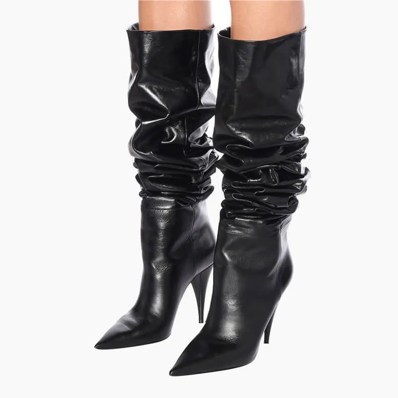 Leather Point Toe Fold High Heel Knee High Boots