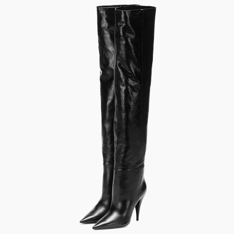 Leather Point Toe Fold High Heel Knee High Boots