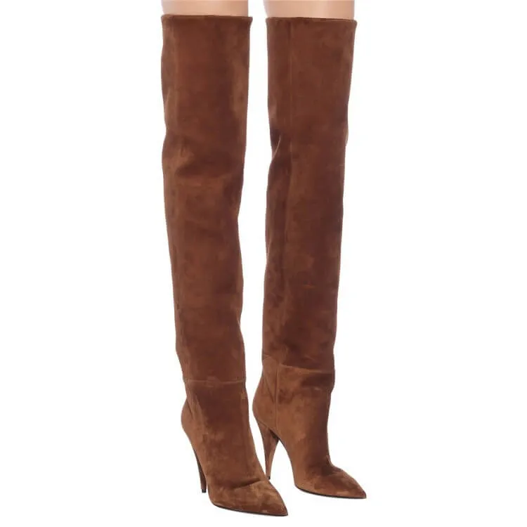 Leather Point Toe Fold High Heel Knee High Boots