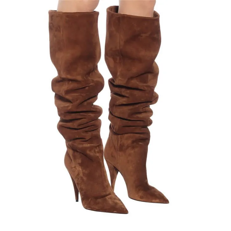 Leather Point Toe Fold High Heel Knee High Boots