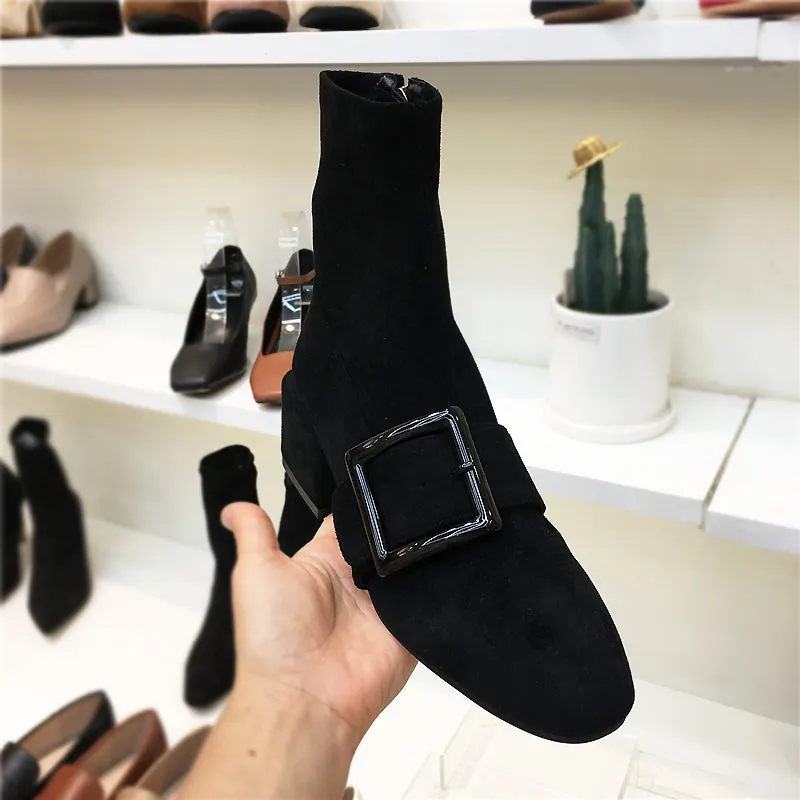 LUXE SEVEN DESIGN BIG BUCKLE DETAIL ANKLE BOOTS