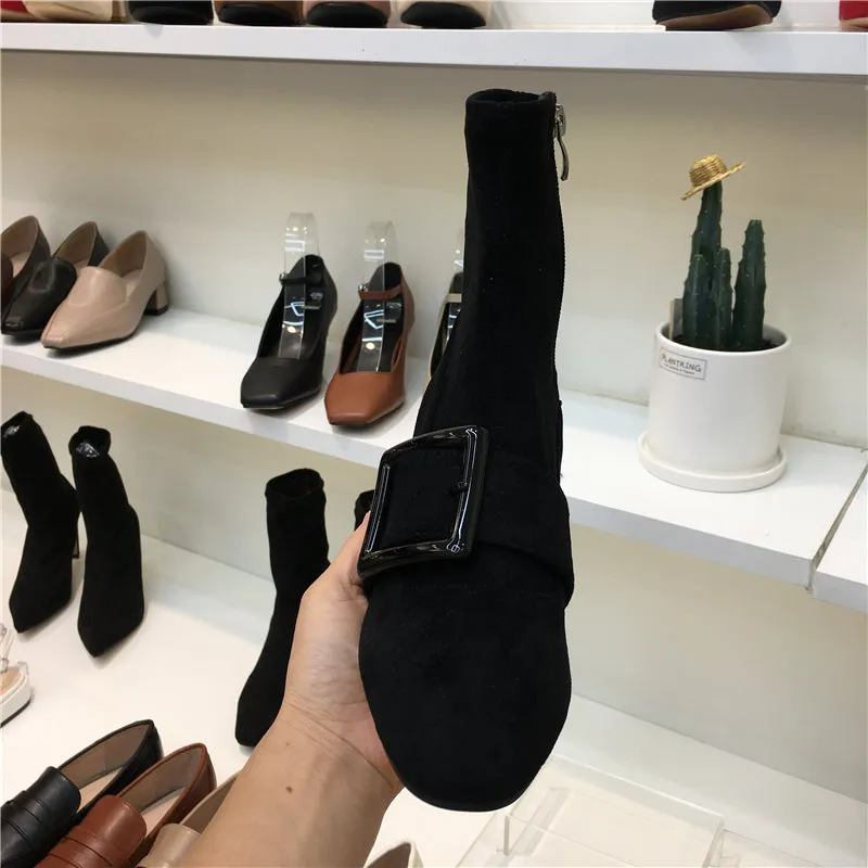 LUXE SEVEN DESIGN BIG BUCKLE DETAIL ANKLE BOOTS