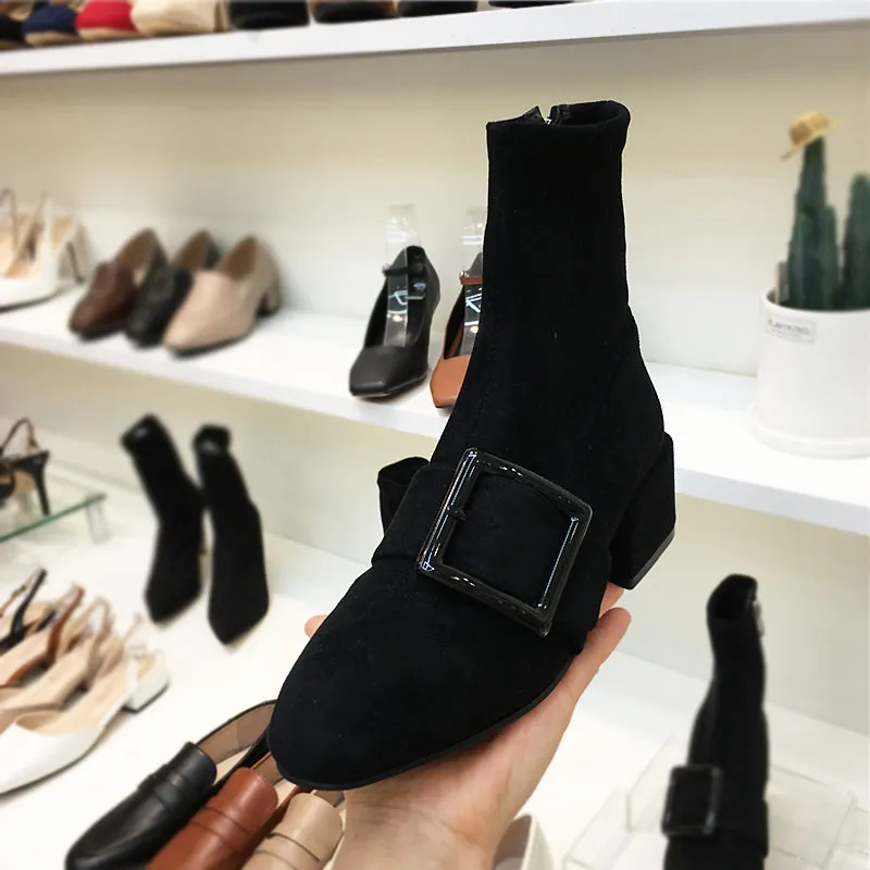 LUXE SEVEN DESIGN BIG BUCKLE DETAIL ANKLE BOOTS