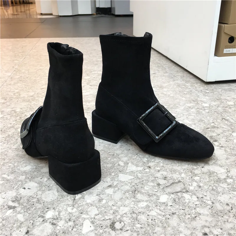 LUXE SEVEN DESIGN BIG BUCKLE DETAIL ANKLE BOOTS