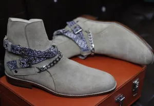 New Men's Handmade Formal Shoes Beige Suede Leather Ankle High Jodhpur Style Boots
