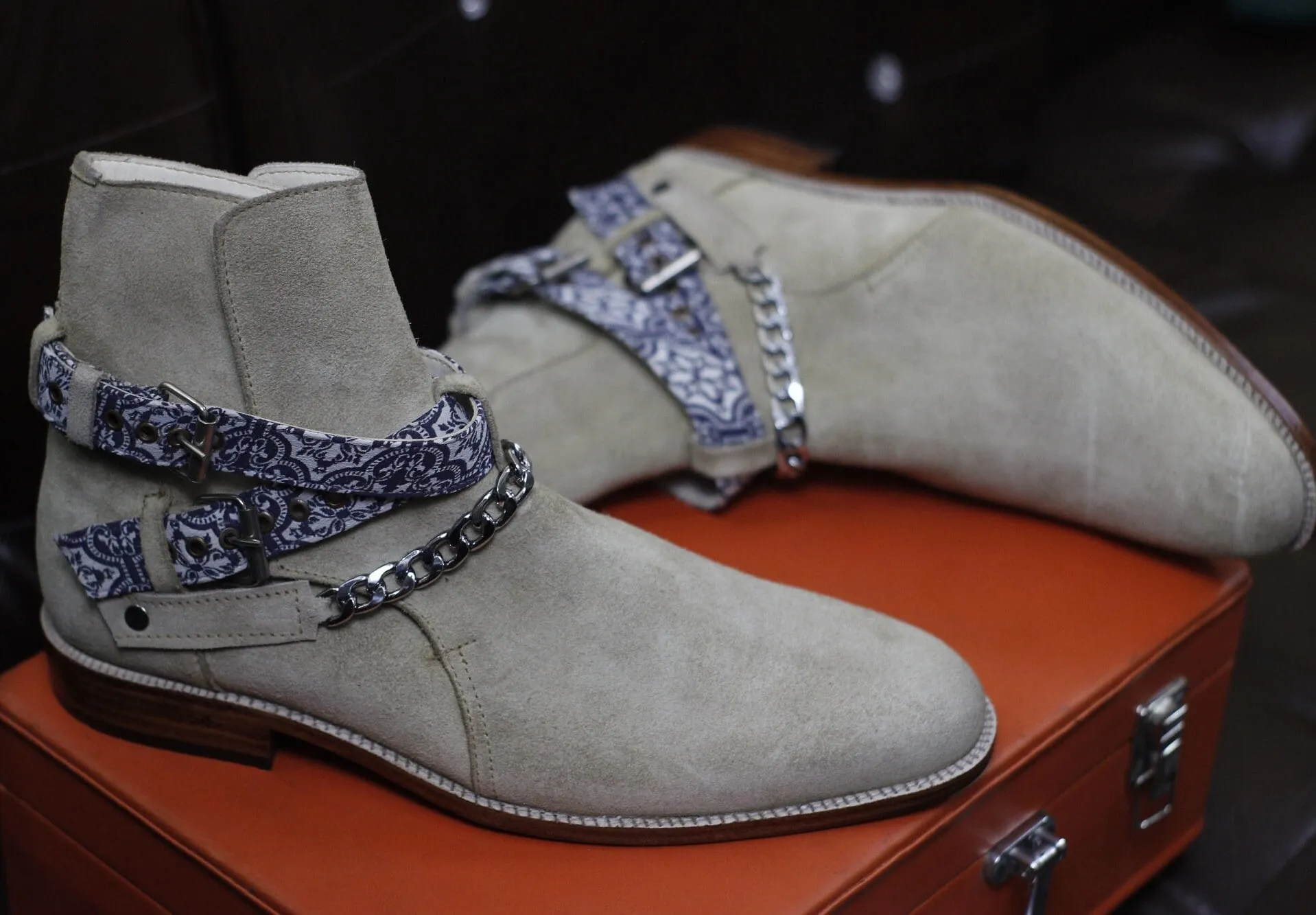 New Men's Handmade Formal Shoes Beige Suede Leather Ankle High Jodhpur Style Boots