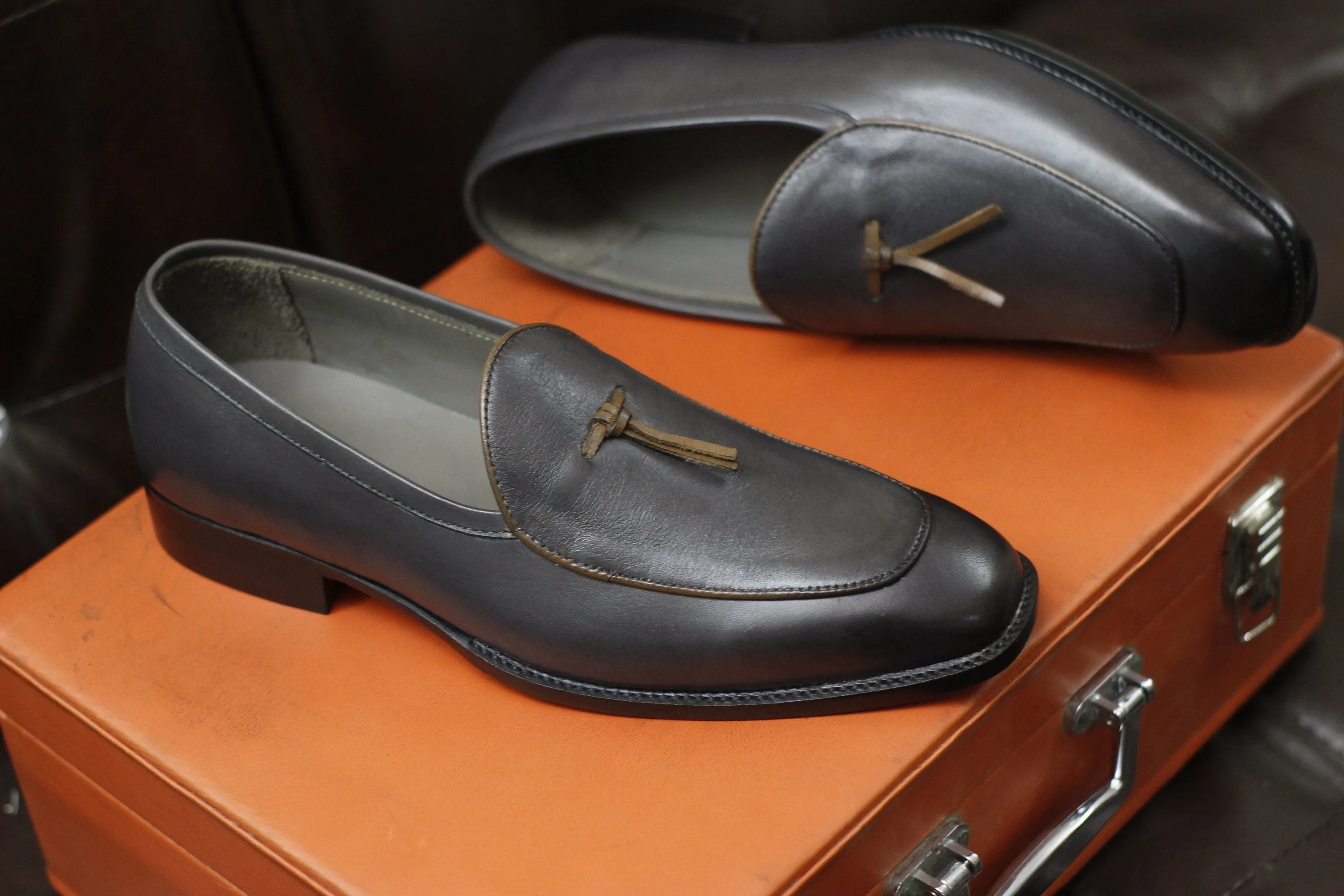 New Men's Handmade Formal Shoes Grey Leather Slip On Stylish Loafer Moccasin Shoes