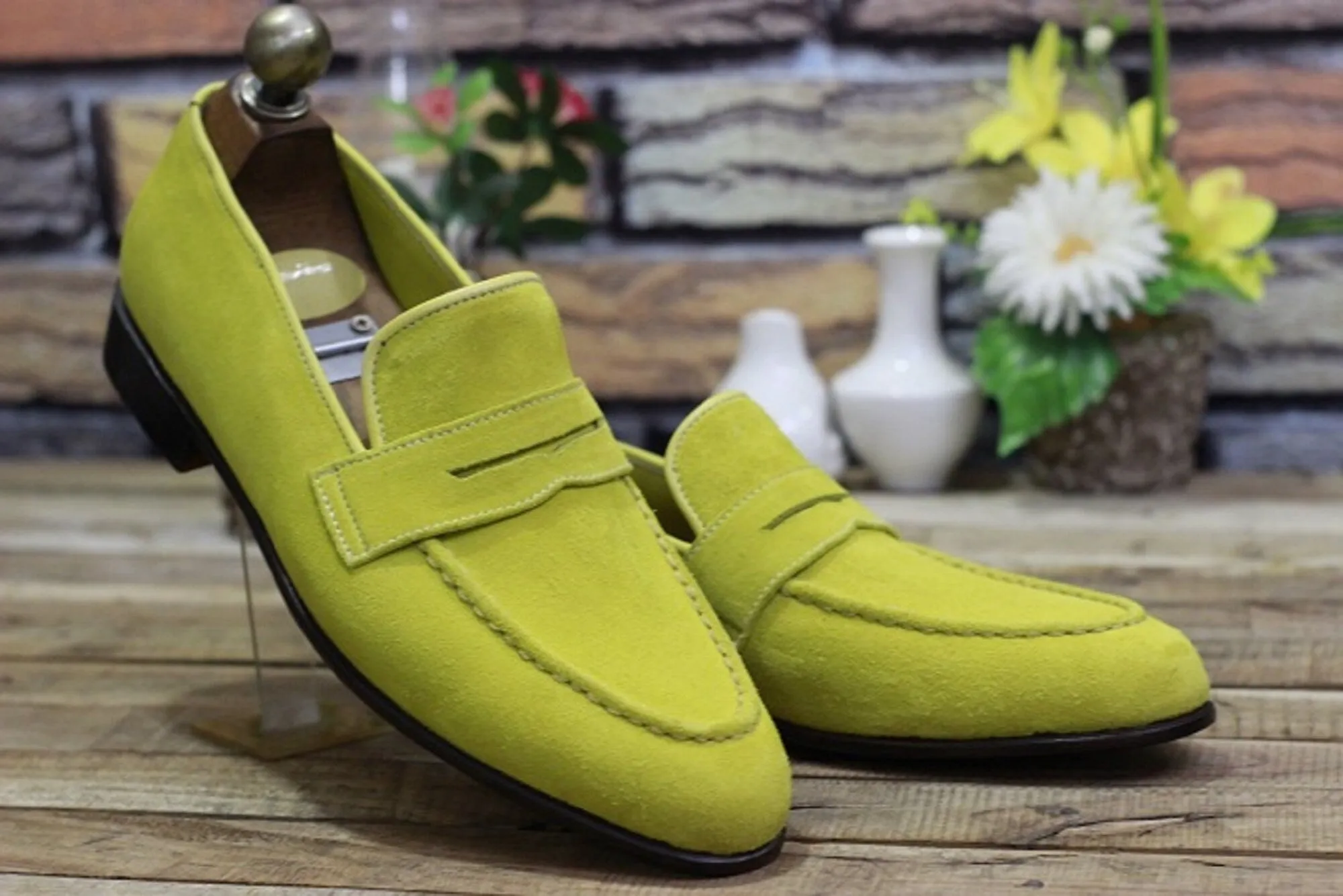 New Men's Handmade Formal Shoes Yellow Suede Leather Loafer Stylish Slip On Dress & Formal Wear Shoes