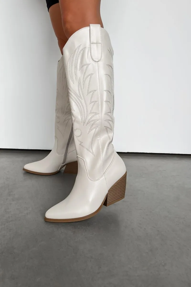 RODEO Mid Calf Cowboy Western Boots - Cream PU