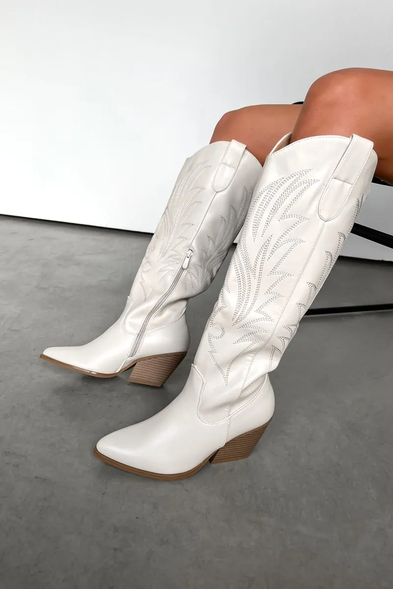 RODEO Mid Calf Cowboy Western Boots - Cream PU