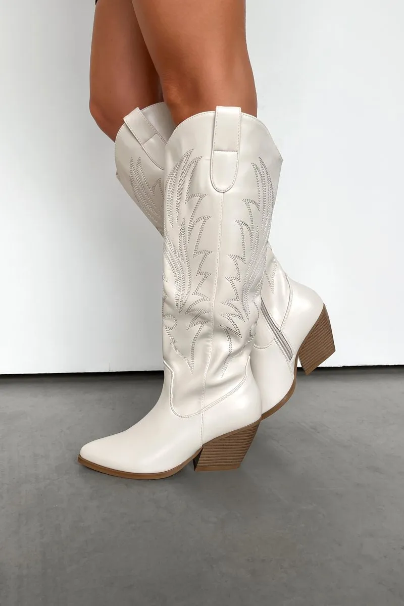 RODEO Mid Calf Cowboy Western Boots - Cream PU