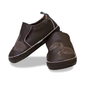 Solid Bamboo Leather Soft Sole T-Rex Dig Embroidery Shoes - Bark
