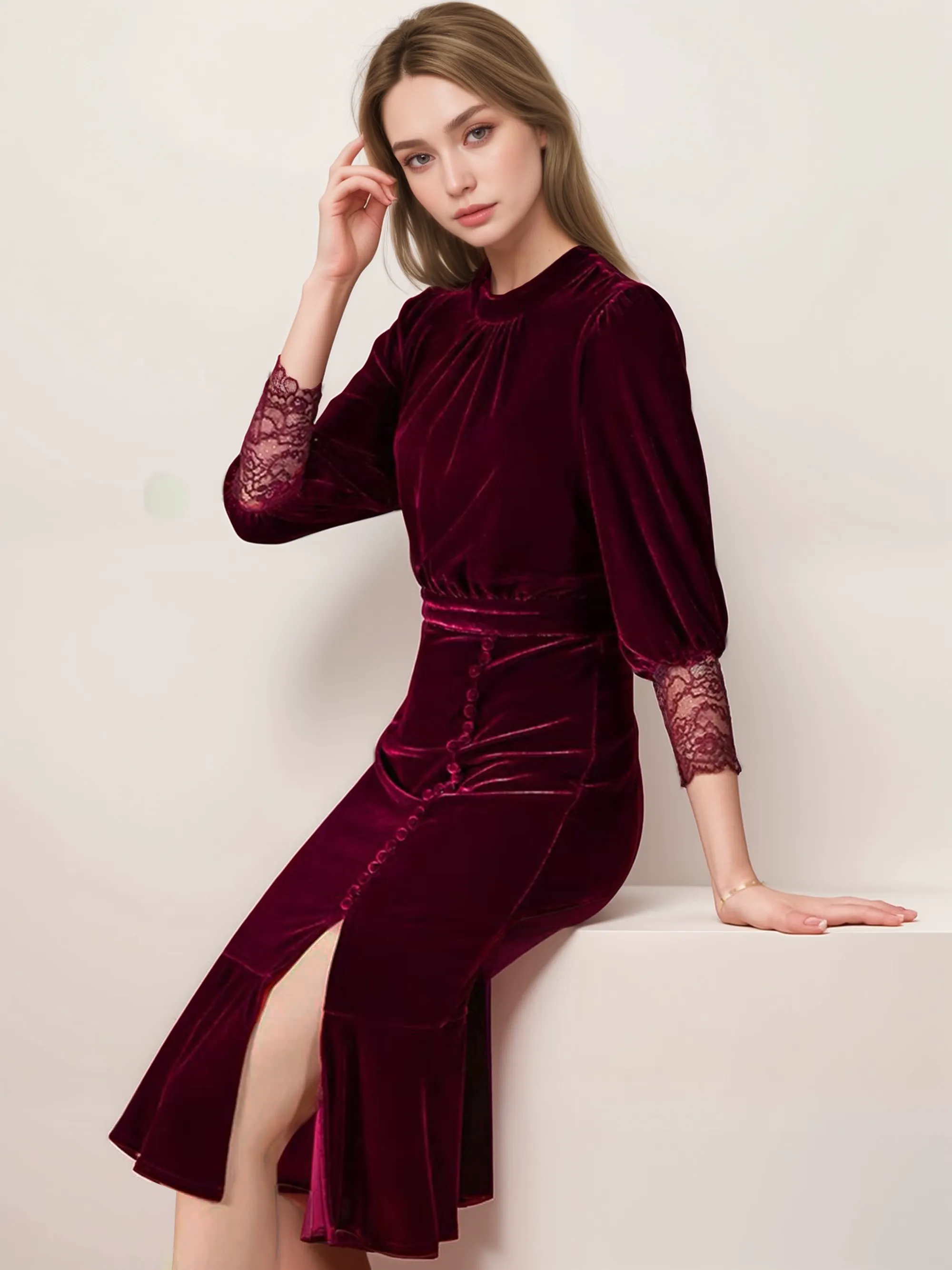 Vintage style scoop neck 3/4 lace velvet mermaid midi-length prom dress