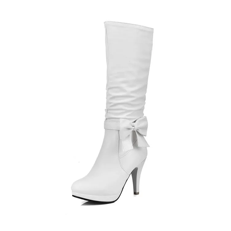 Women's Bow Tie Slouch Cone Heel Platform Side Zippers Knee High Boots