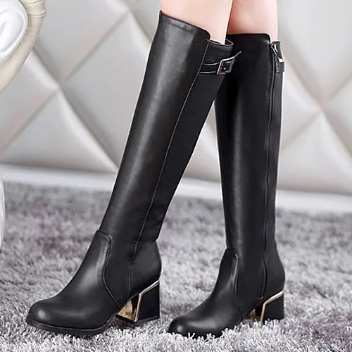 Women's Buckle Chunky High Heel Knee High Boots