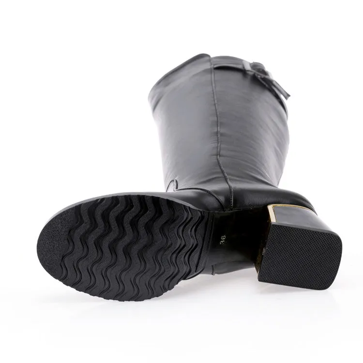 Women's Buckle Chunky High Heel Knee High Boots