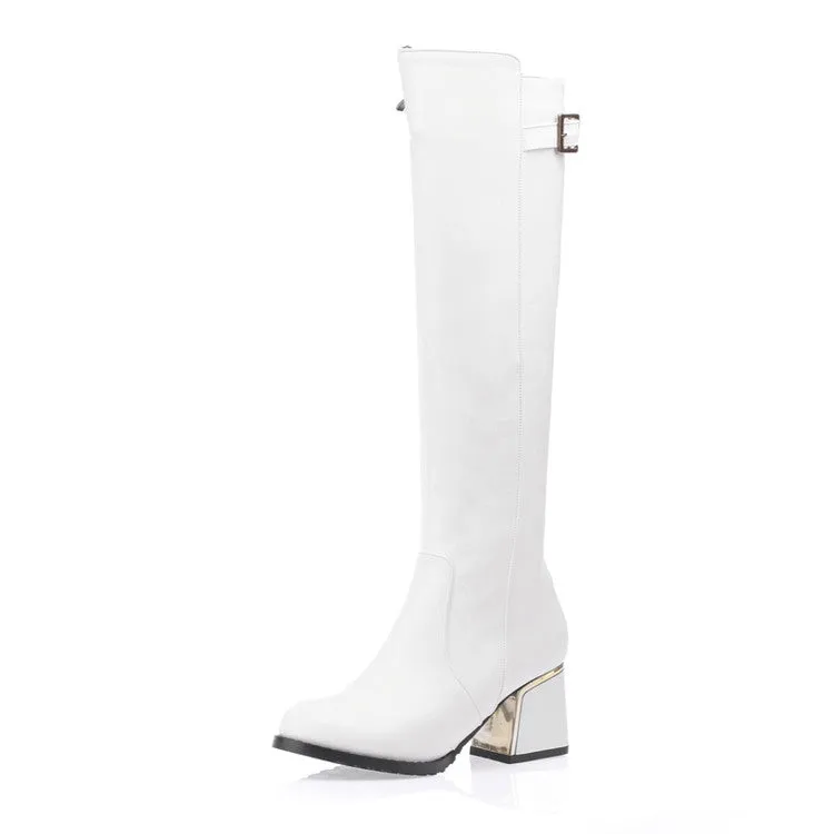 Women's Buckle Chunky High Heel Knee High Boots
