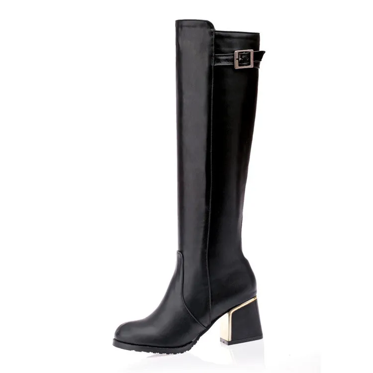 Women's Buckle Chunky High Heel Knee High Boots