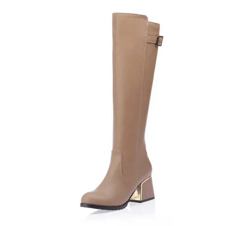 Women's Buckle Chunky High Heel Knee High Boots