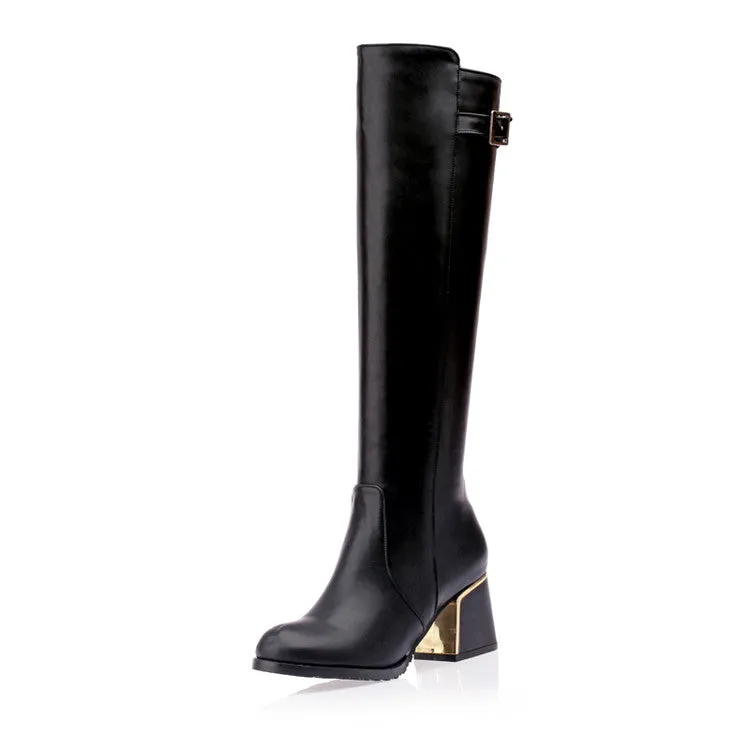 Women's Buckle Chunky High Heel Knee High Boots