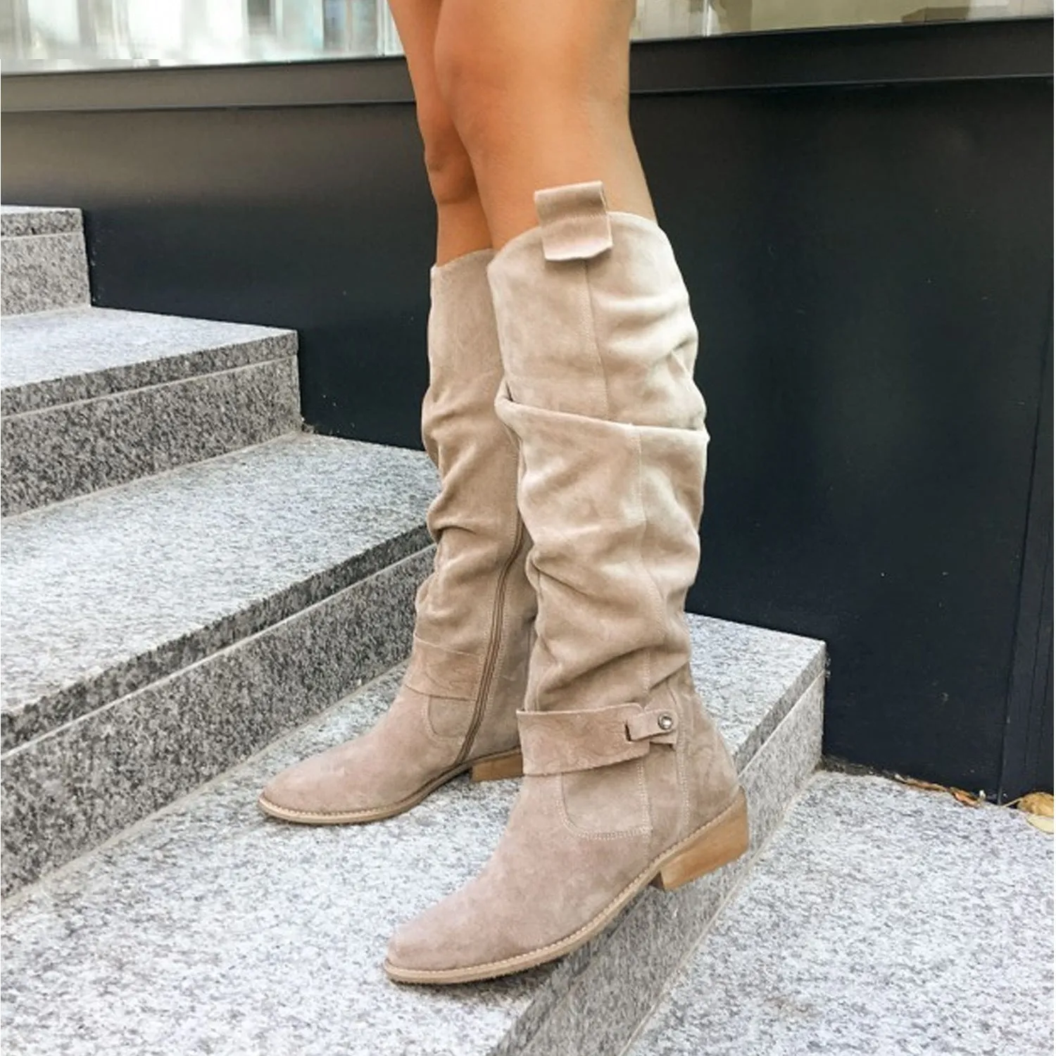Women's faux suede low heel knee high slouch boots