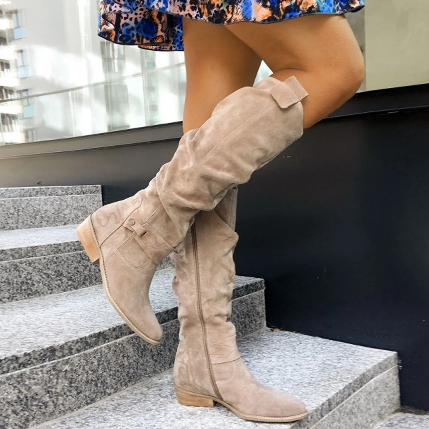Women's faux suede low heel knee high slouch boots