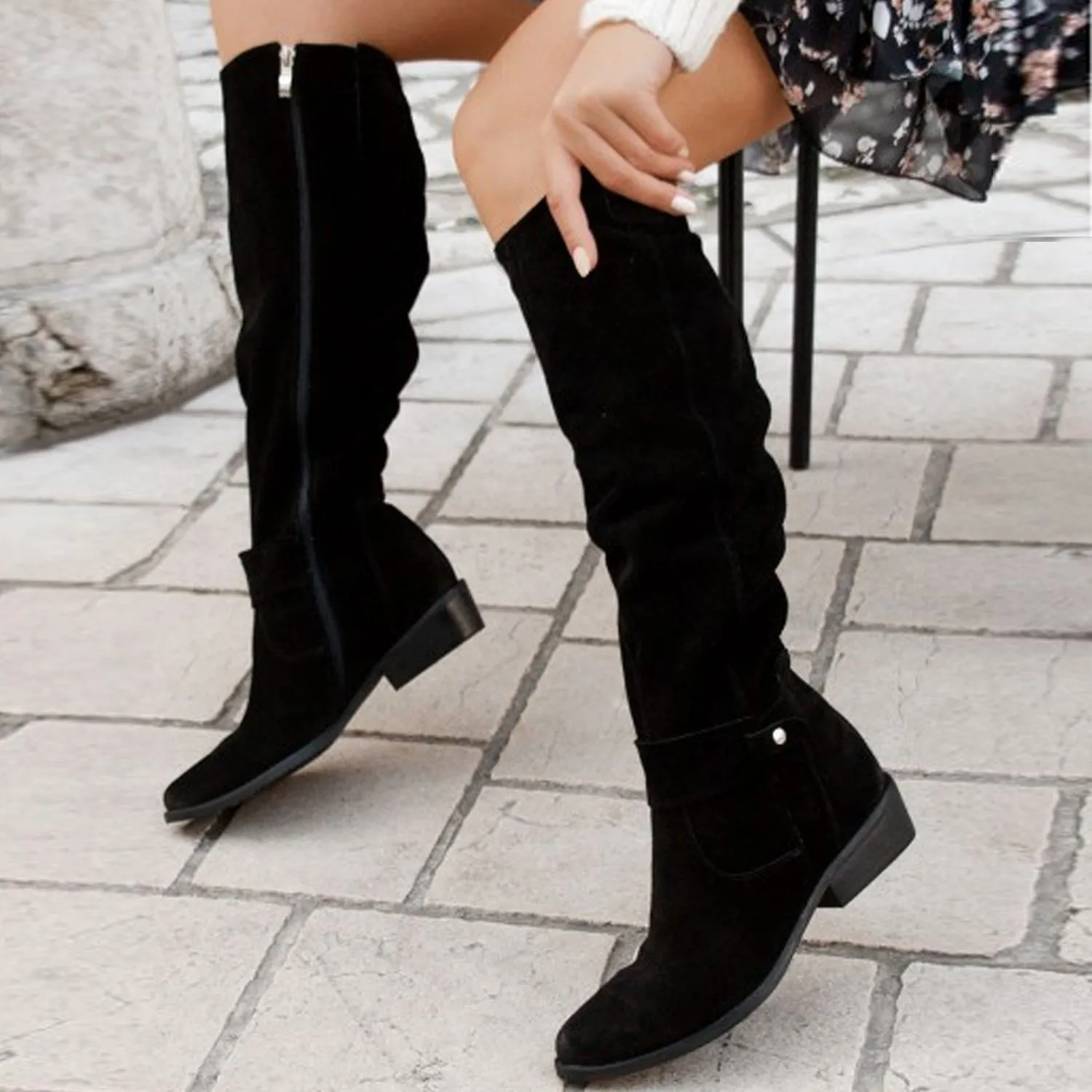 Women's faux suede low heel knee high slouch boots