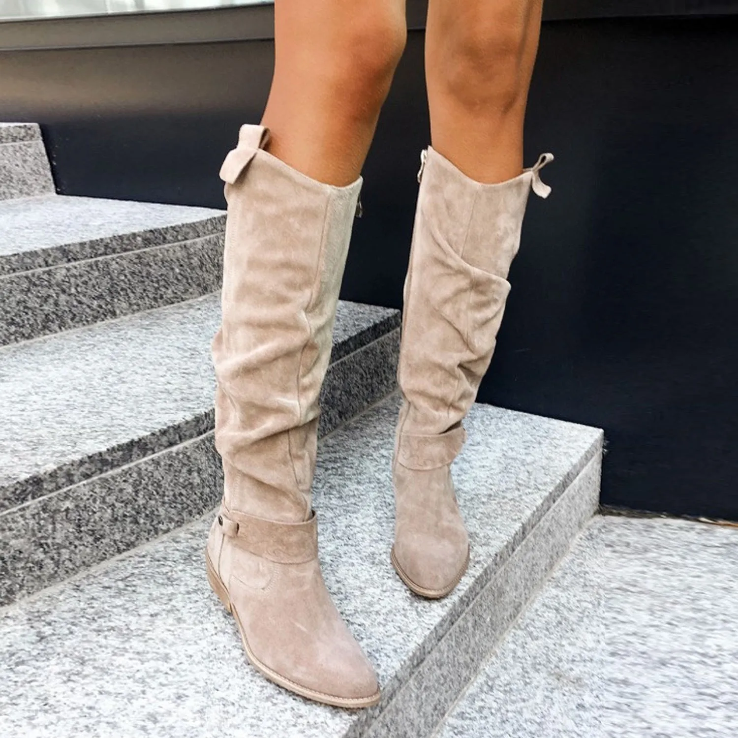 Women's faux suede low heel knee high slouch boots
