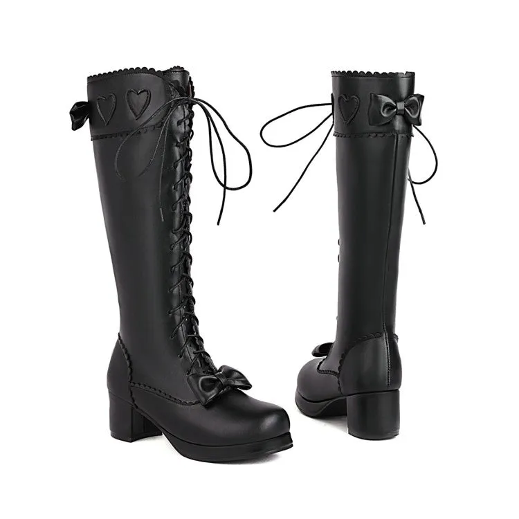 Womens' Lace Up Bowtie High Heels Knee High Boots